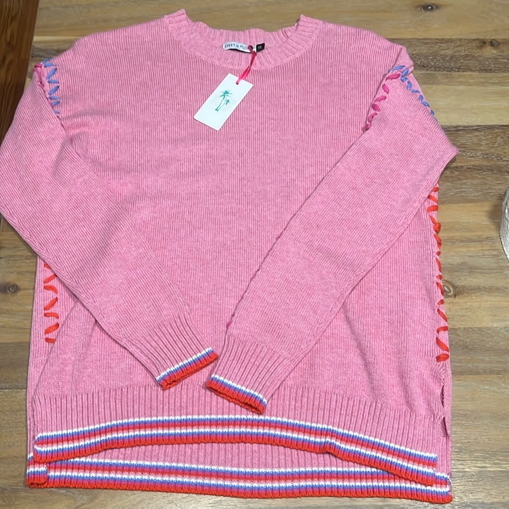 NEW WITH TAGS Pink Sweater with Colorful Stitching